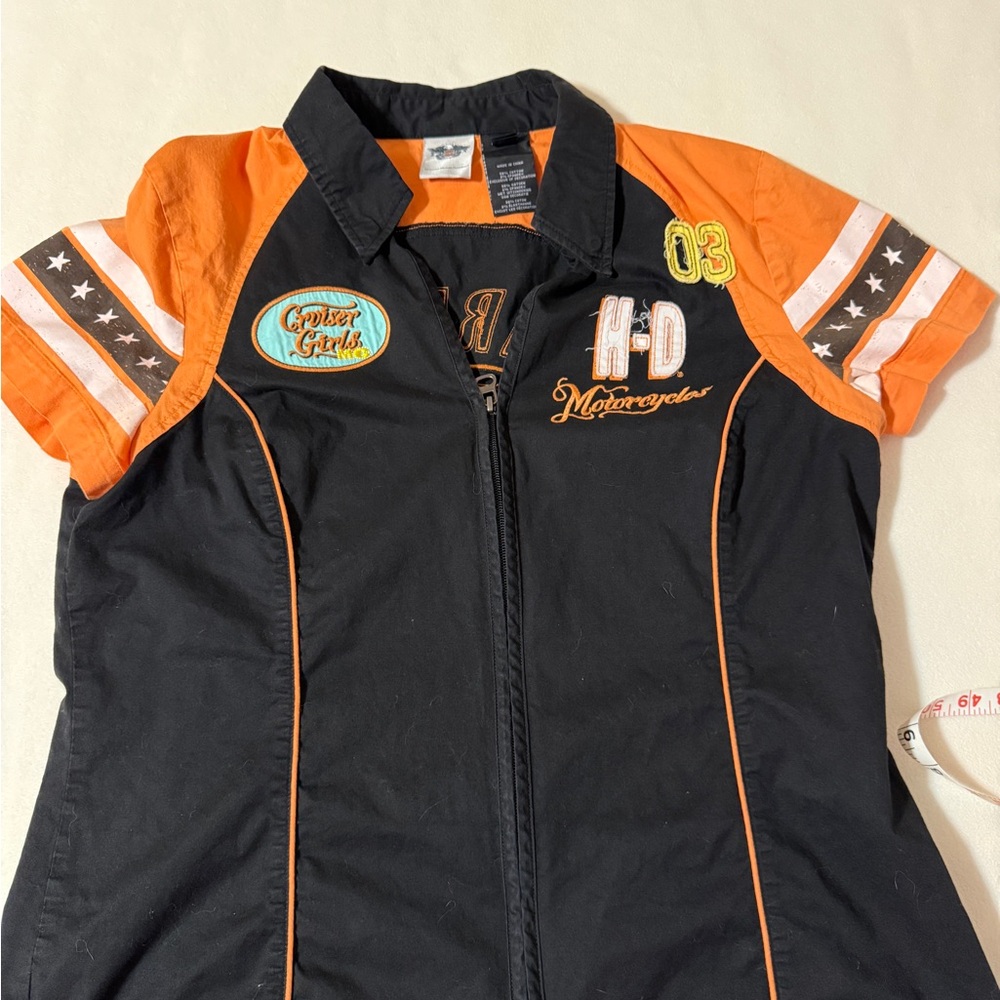 Harley-Davidson Black and Orange Women's Short Sleeve Zip Front Top